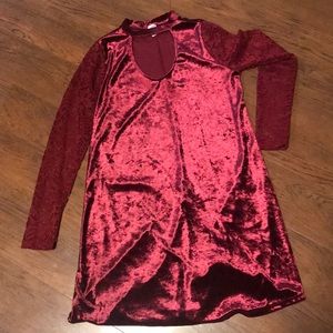 Maroon velvet dress with lace sleeves